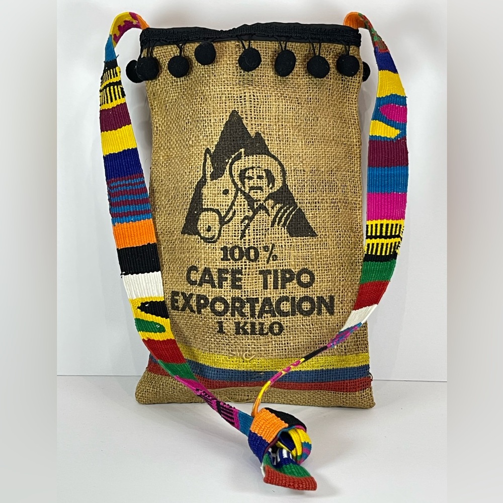 Vintage upcycled Colombian coffee burlap crossbody bag - Picture 2 of 5